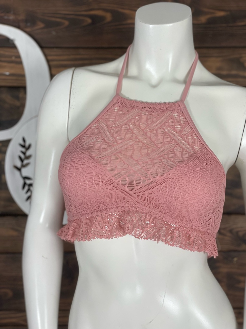 Gianni Bini | Crochet Lace Halter Bralette Bikini Top Ruffle Trim Rose Pink